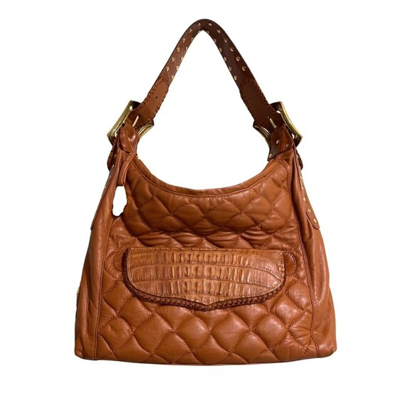 Chi Carlos Falchi Quilted Brown Leather Shoulder Bag Gold-Studded Strap Buckle - Picture 1 of 8